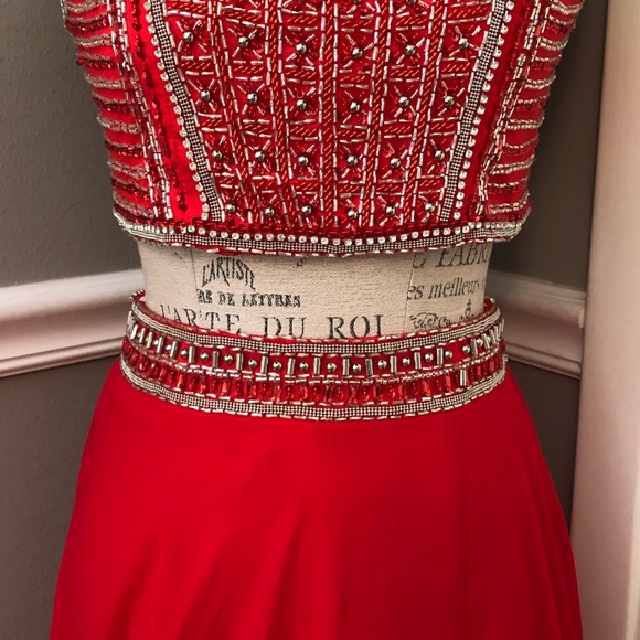 NEW RACHEL ALLEN SZ 4 TWO PIECE RED SILVER BEADED FORMAL EVENING GOWN - Picture 4 of 11